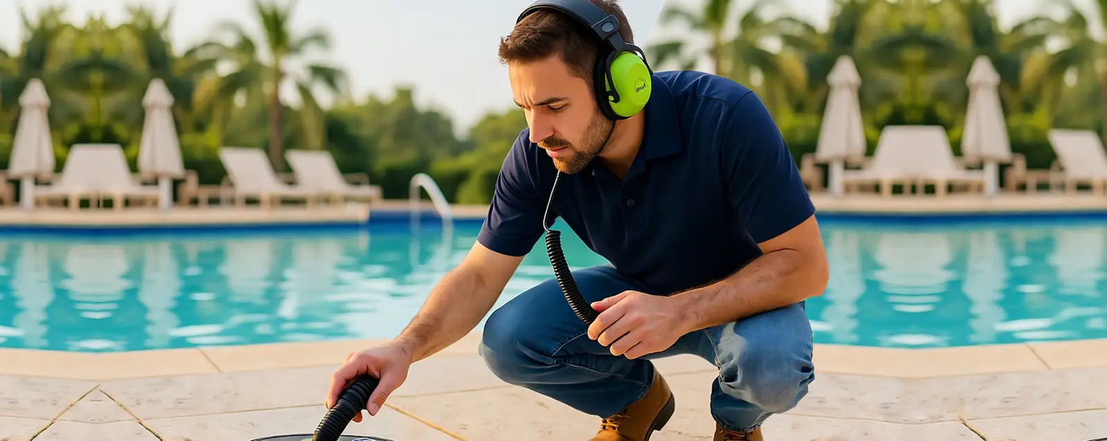 Técnico com fone de ouvido usando o geofone ao lado de uma piscina para localizar vazamento
