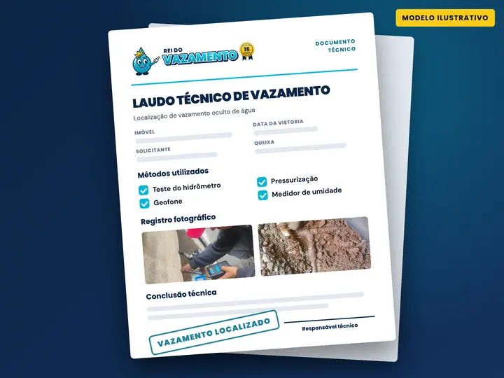 Modelo ilustrativo de laudo técnico de vazamento com métodos utilizados, registro fotográfico e conclusão